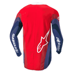 Alpinestars 2024 Techstar Pneuma Jersey, Motocross Jersey, Red, Blue and White, back view showing wavy graphics on sleeves, white Alpinestars wordmark on arms and Astar logo on the lower back, ergonomic design for off-road riding
