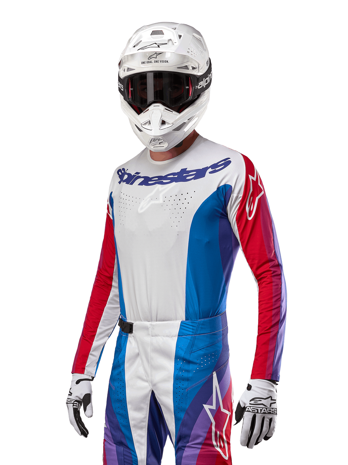 Alpinestars 2024 Techstar Pneuma Jersey, Motocross Jersey, Blue Mars Red and White with purple accents, athletic race fit, long sleeve performance gear worn with white helmet and gloves