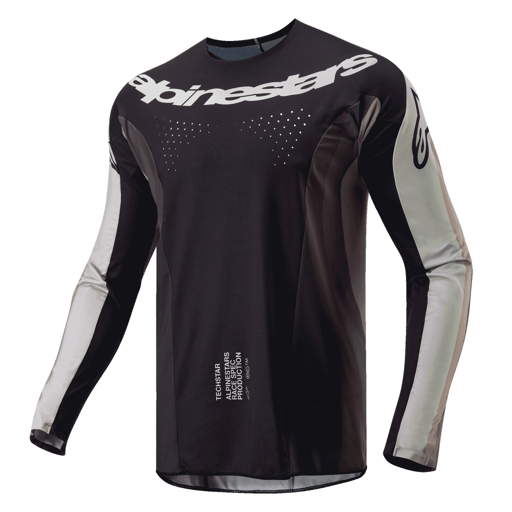 Alpinestars 2024 Techstar Pneuma Jersey, Motocross Jersey, Dark Sand and Iron Dust Gray, black main body with light gray sleeve panels, white Alpinestars logo across chest, laser-cut ventilation perforations, performance off-road riding gear