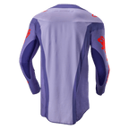 Alpinestars 2024 Techstar Ocuri Jersey, Motocross Jersey, Purple and Hot Orange, back view featuring multi-panel purple design with orange logo graphics on sleeves and shoulders, extended rear drop tail for off-road racing performance.