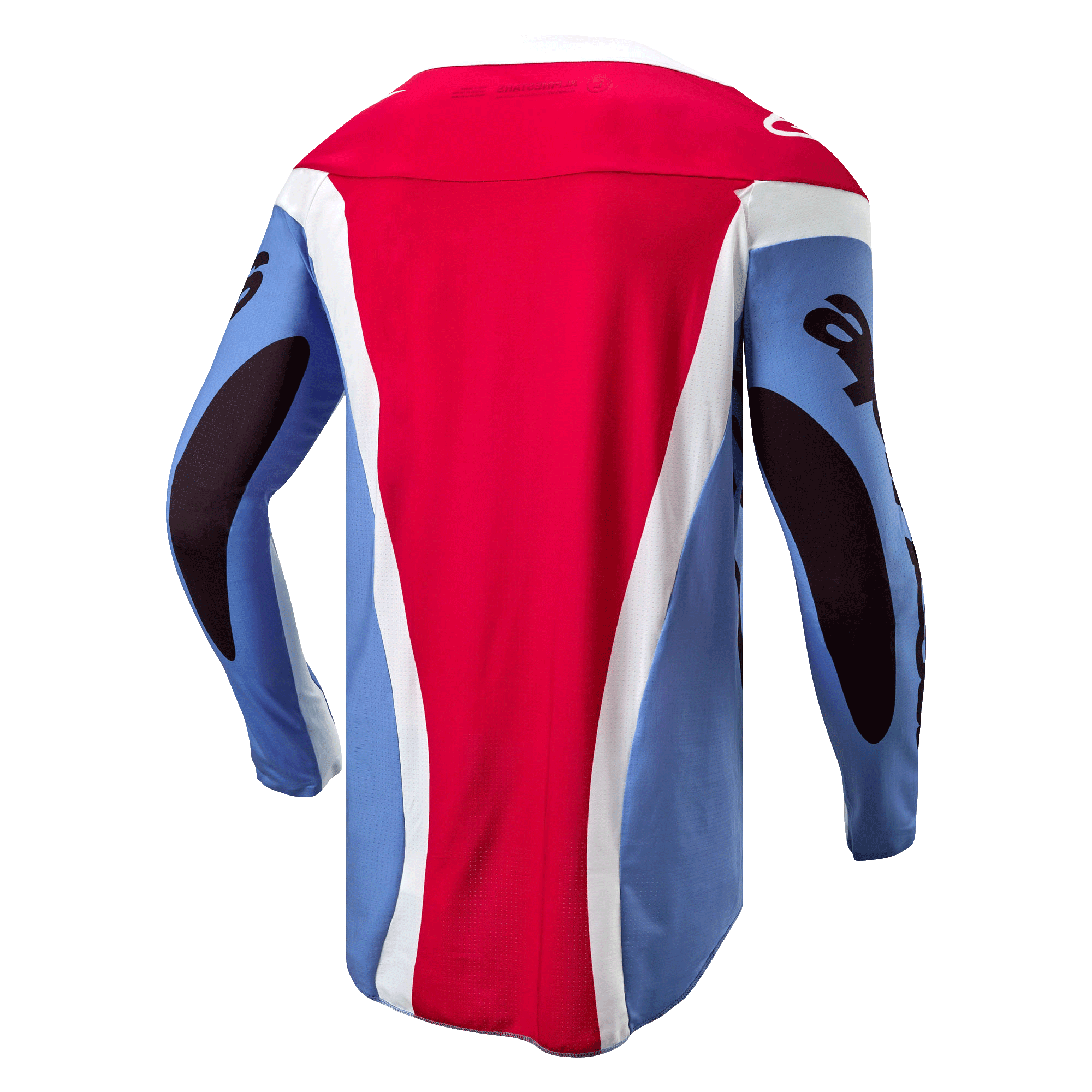 Alpinestars 2024 Techstar Ocuri Jersey, Motocross Jersey, Light Blue, Mars Red, and White, back view showing athletic race fit, extended rear tail, and black sleeve graphics