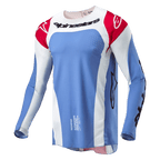 Alpinestars 2024 Techstar Ocuri Jersey, Motocross Jersey, Light Blue, Mars Red, and White, featuring black Alpinestars wordmark on chest, red shoulders with white logos, and laser-cut perforations for ventilation.