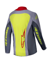 Alpinestars 2025 Youth Racer Melt Jersey, Motocross Jersey, Bright Red and Gray with Neon Yellow accents, back view showing a large neon yellow panel with a red Alpinestars logo, gray sleeves with yellow text branding, and a red collar, lightweight technical apparel for off-road racing