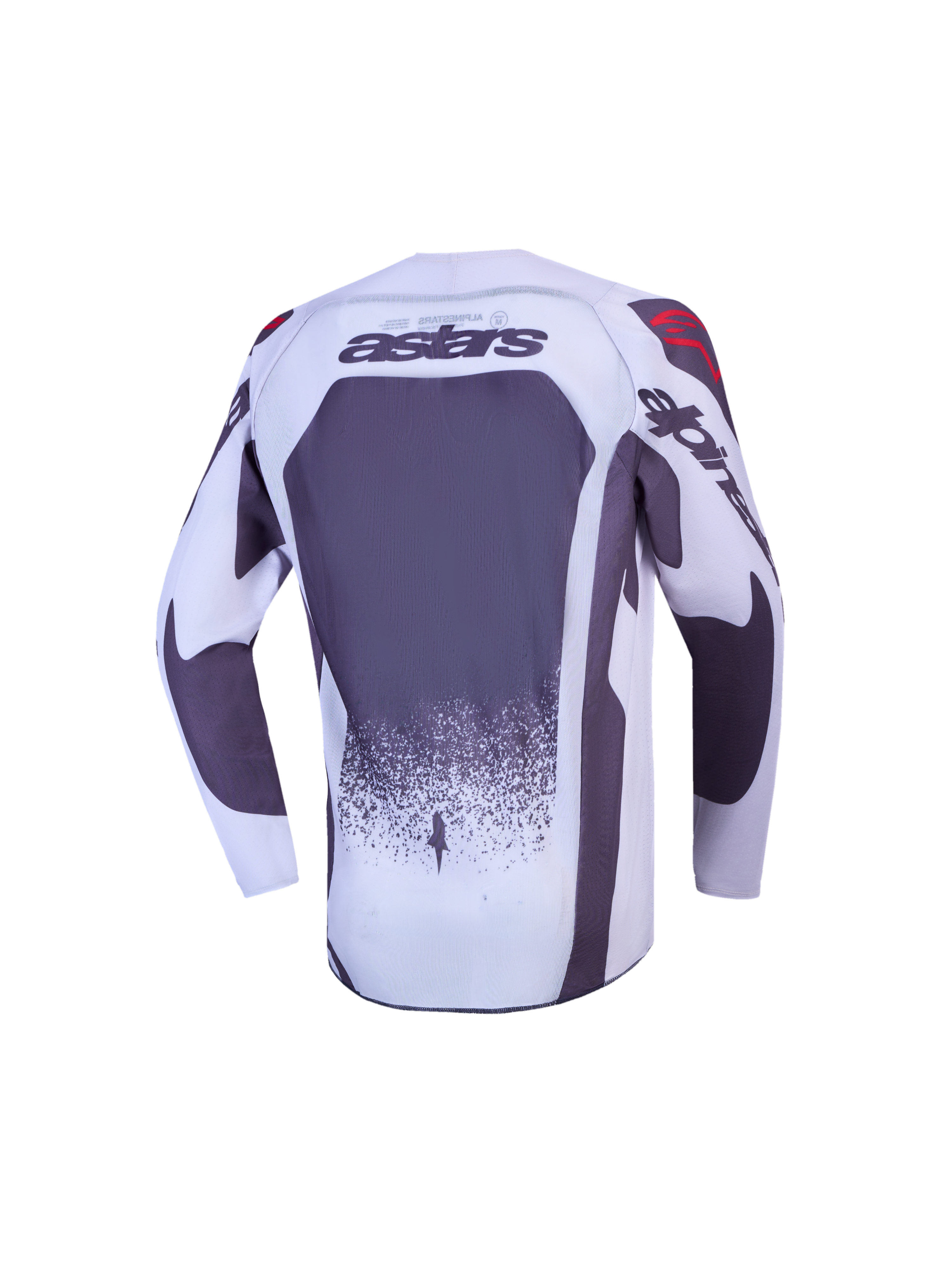Alpinestars Youth Supertech Swan Jersey, gray and white motocross top, back view with astars branding and mesh fabric.