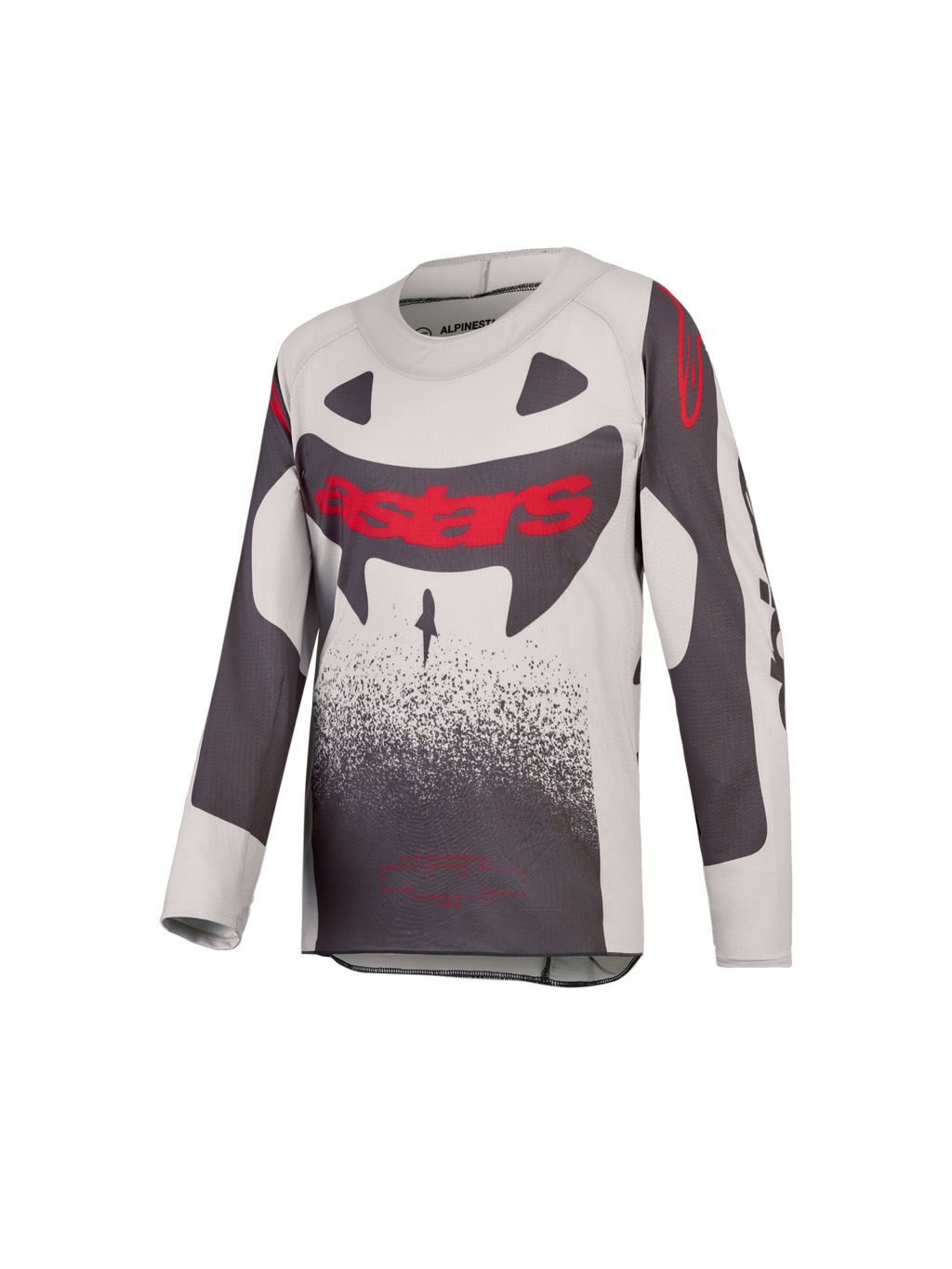 Alpinestars 2027 Youth Supertech Swan Jersey, motocross racing gear, gray and red fluo, lightweight ventilated stretch mesh.