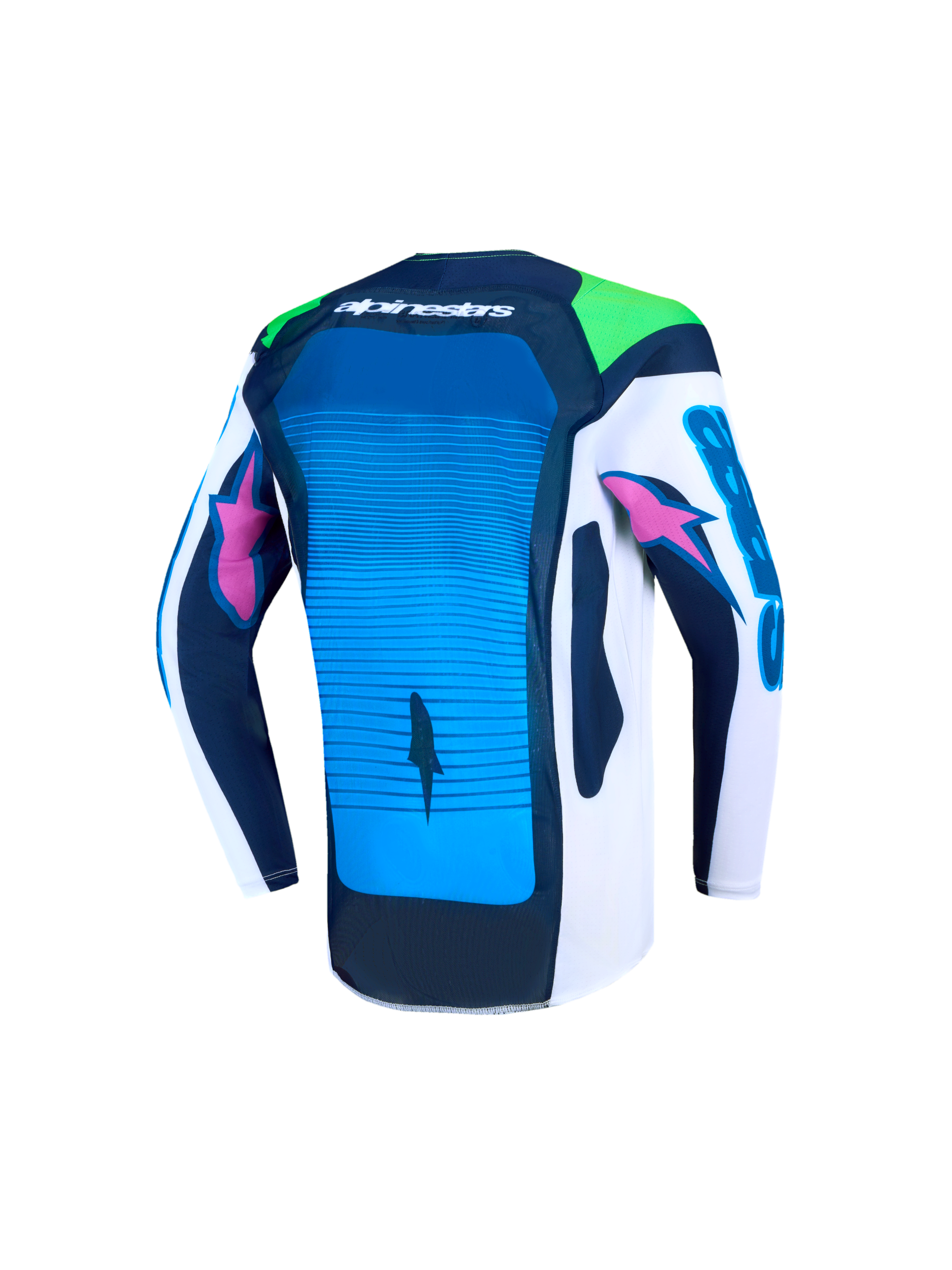 Alpinestars Youth Supertech Maven Jersey, blue and white motocross jersey, back view with ventilated mesh and athletic fit.