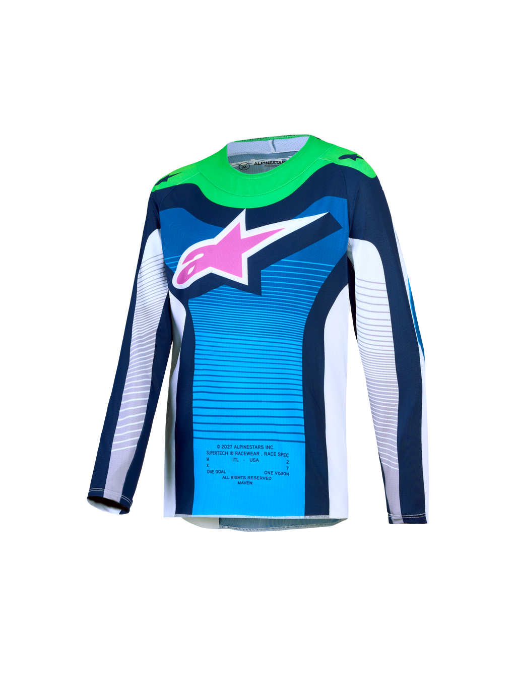 Alpinestars 2027 Youth Supertech Maven Jersey, blue and green motocross racing jersey with a pink logo and breathable mesh.