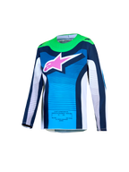 Alpinestars 2027 Youth Supertech Maven Jersey, blue and green motocross racing jersey with a pink logo and breathable mesh.