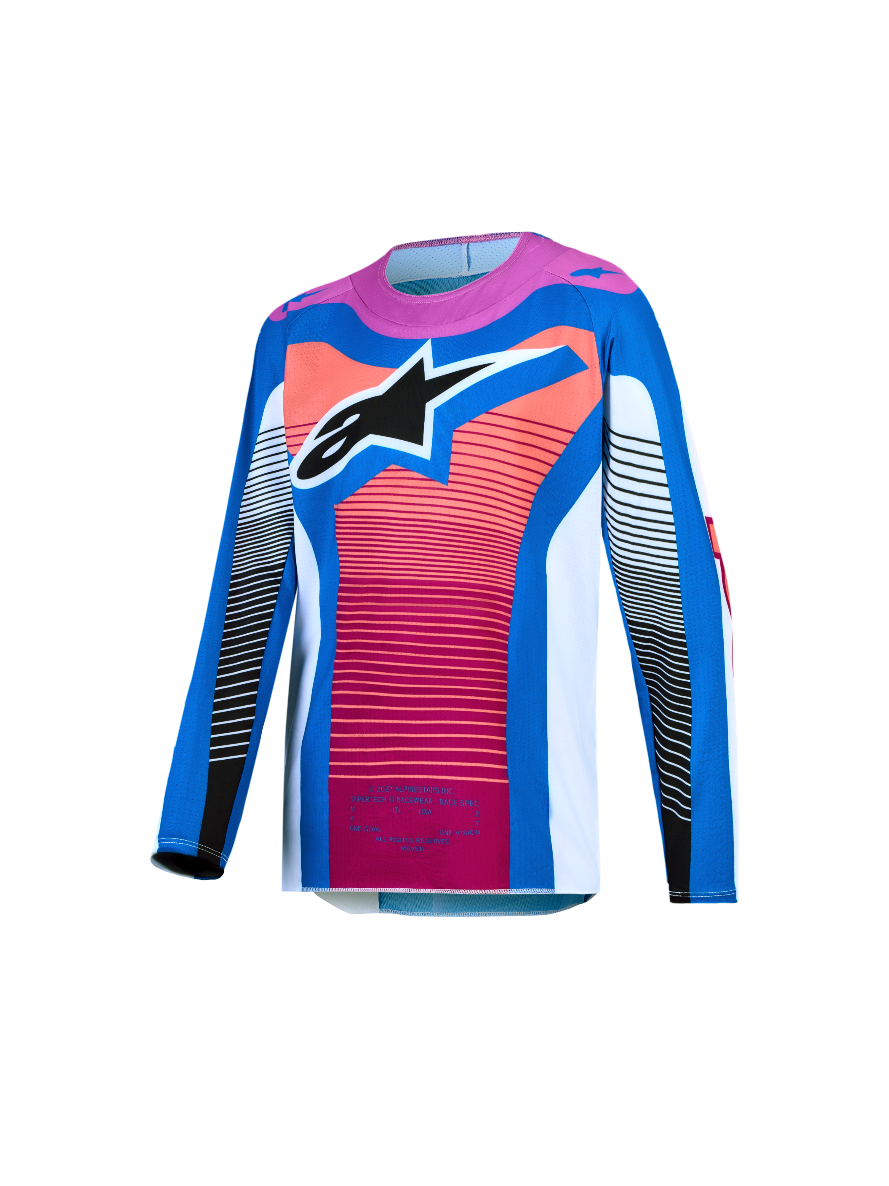 Alpinestars 2027 Youth Supertech Maven Jersey, Youth Motocross Racing Jersey, Blue and Hot Coral, lightweight stretch mesh with athletic fit and large Astars logo.