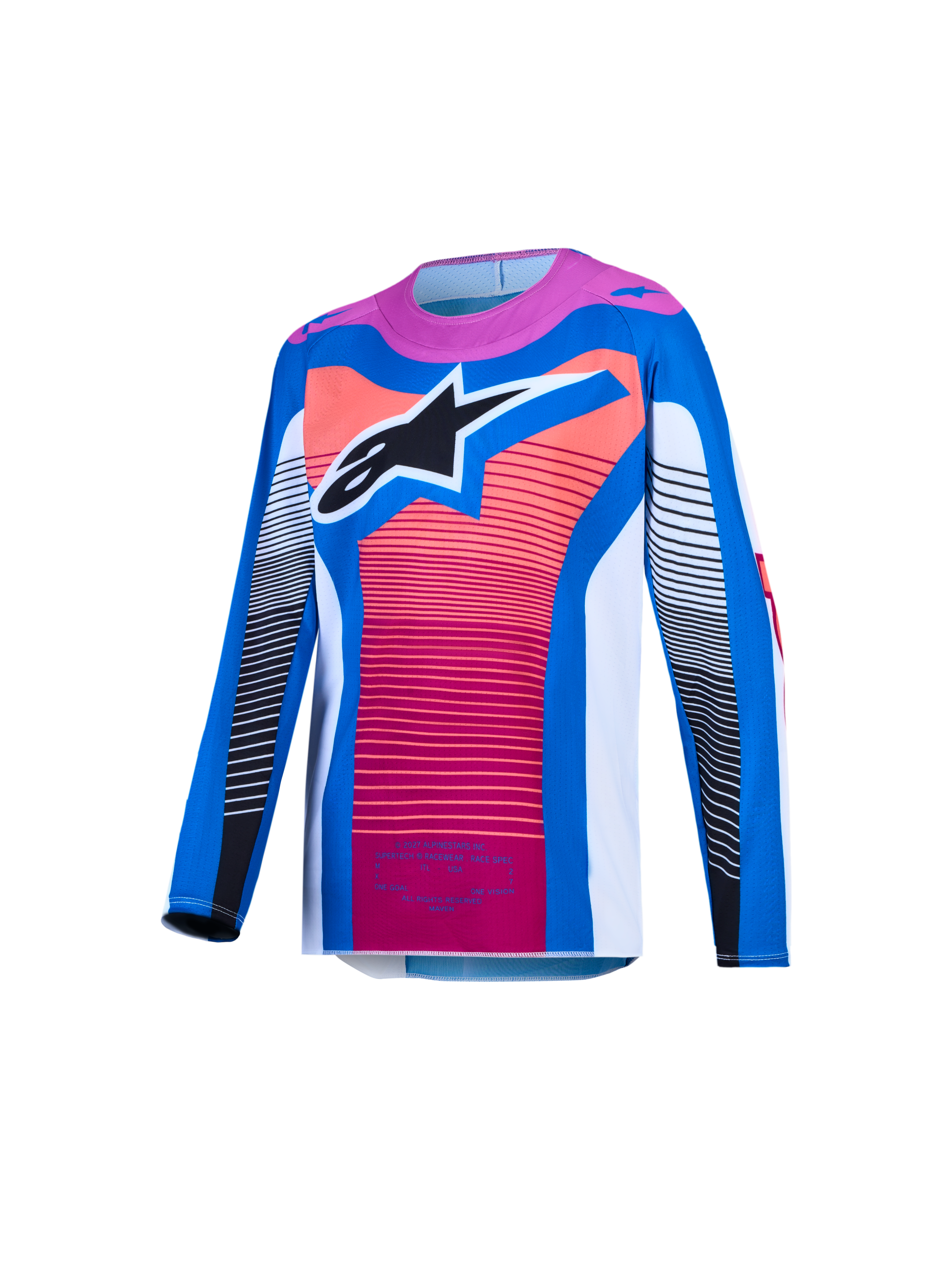 Alpinestars Youth Supertech Maven Jersey, Motocross Racing, Blithe Blue and Hot Coral, ventilated mesh with black star logo.