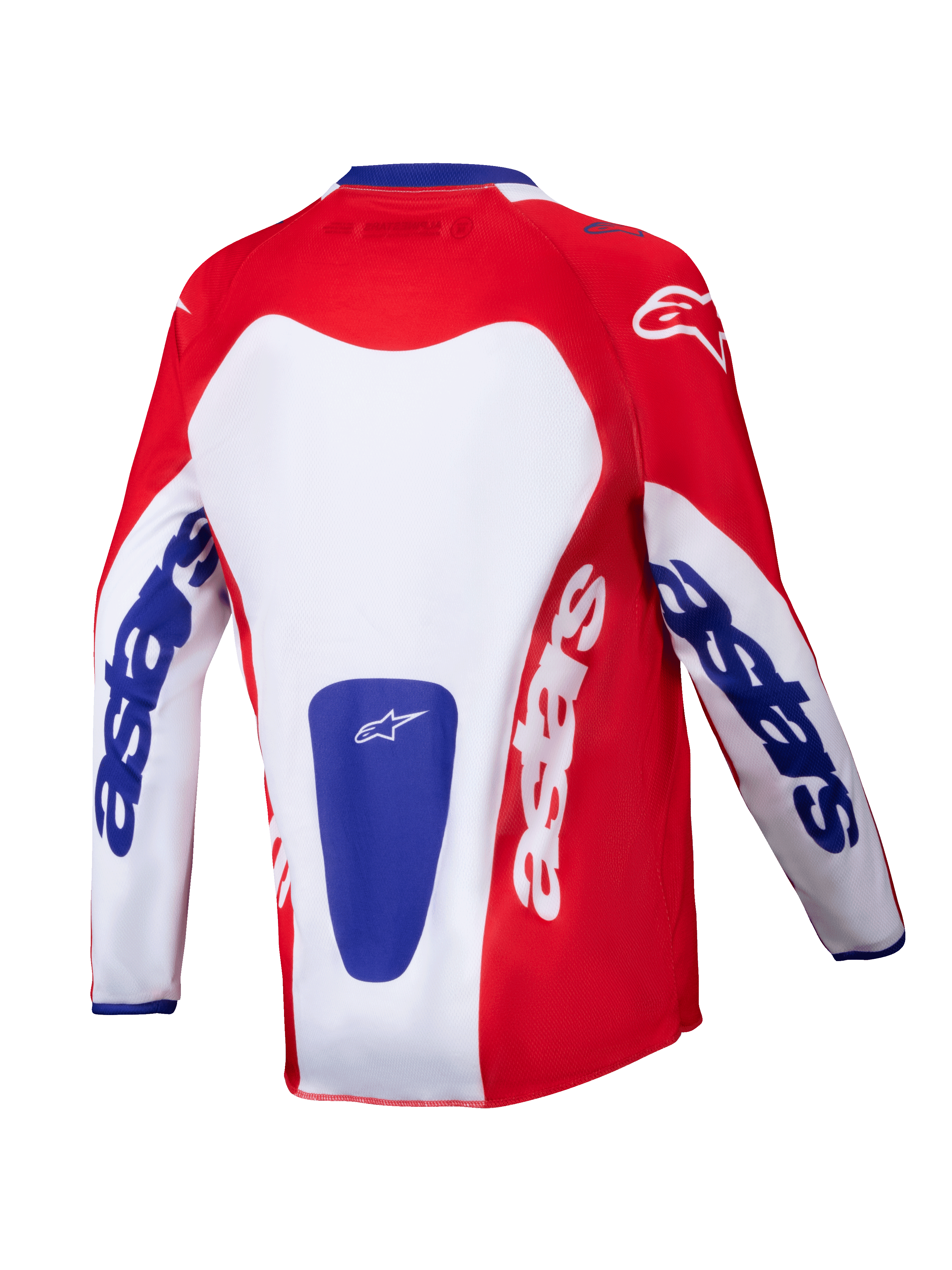 Alpinestars 2025 Youth Racer Veil Jersey, Motocross Jersey, Bright Red and White with Blue accents, rear view showing bold 'astars' branding on sleeves and back, designed for youth off-road performance