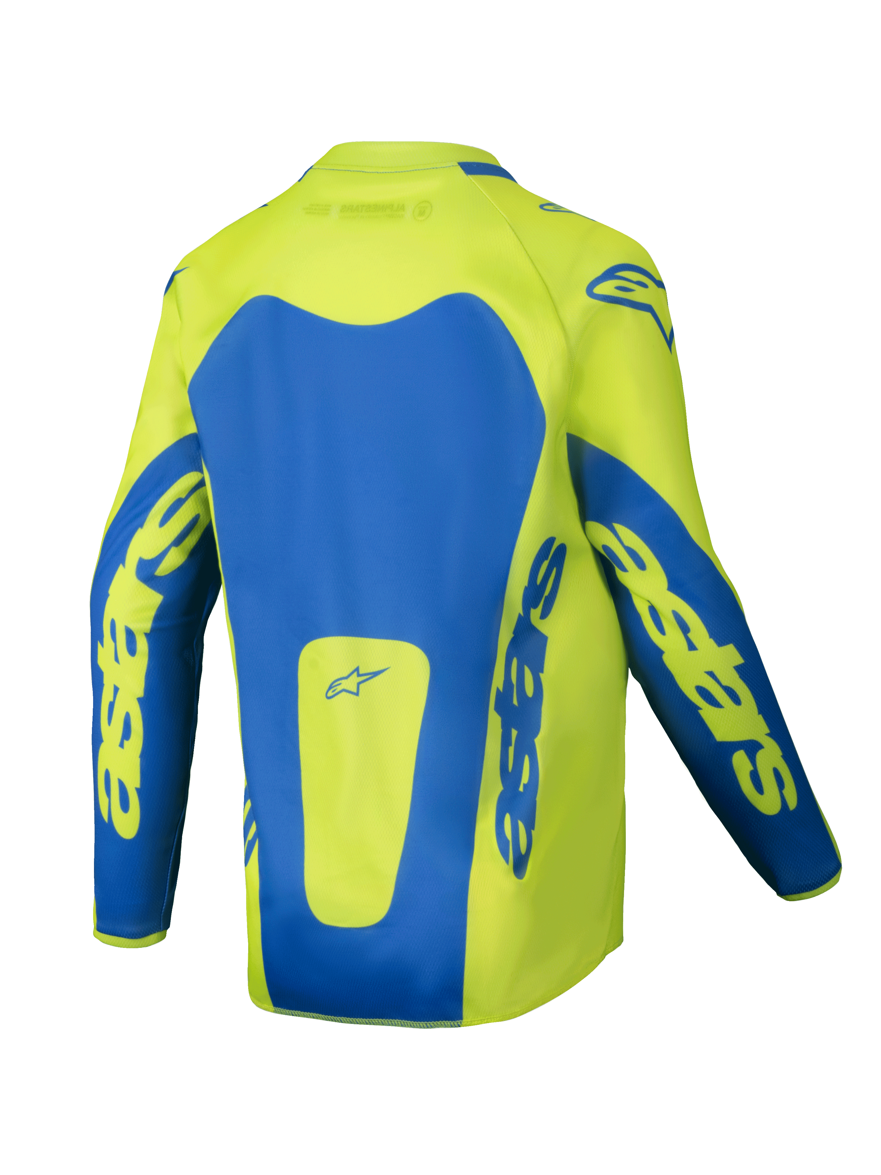 Alpinestars 2025 Youth Racer Veil Jersey, Motocross Jersey, Yellow Fluo and Blue, rear view featuring bold blue panels and astars branding on the sleeves, dropped tail design for coverage, lightweight moisture-wicking fabric for off-road racing