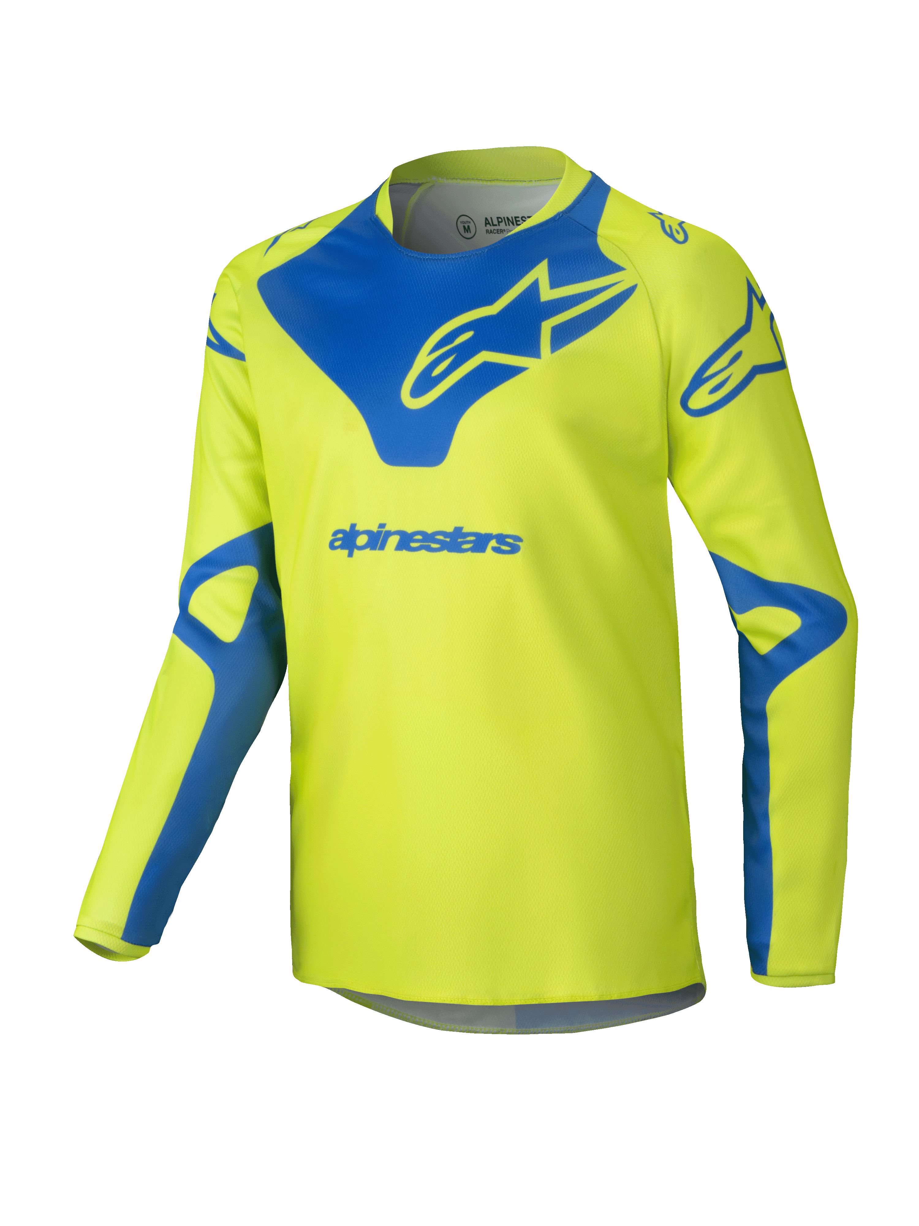 Alpinestars 2025 Youth Racer Veil Jersey, Motocross Jersey, Yellow Fluo and Blue, long-sleeve technical top, blue Alpinestars logo on chest and shoulders, lightweight moisture-wicking fabric for off-road racing