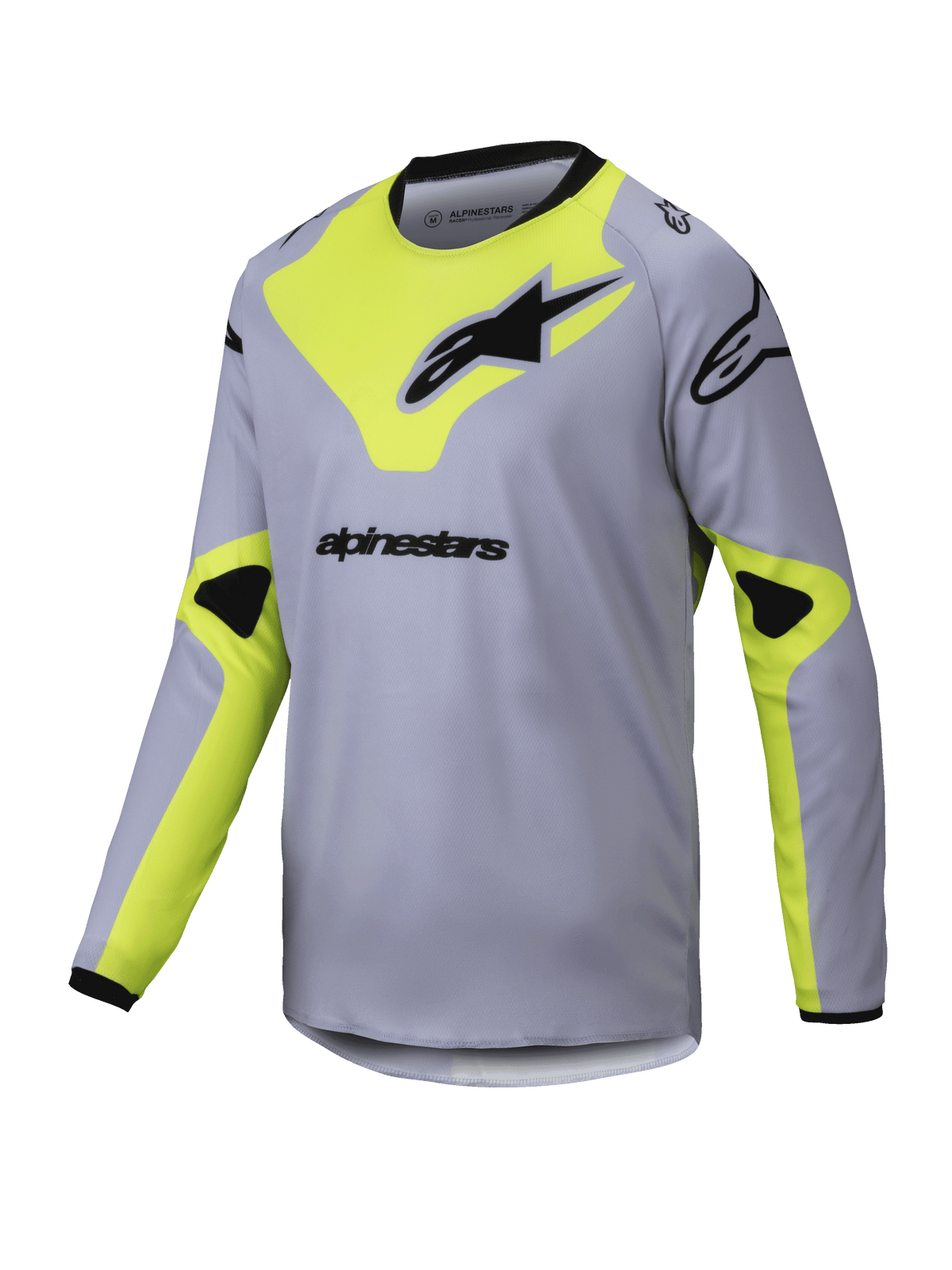 Alpinestars 2025 Youth Racer Veil Jersey, Motocross Long-Sleeve Jersey, Gray and Yellow Fluo, Black Logos, Lightweight Breathable Fabric, Black Neck and Cuffs, Geometric Design