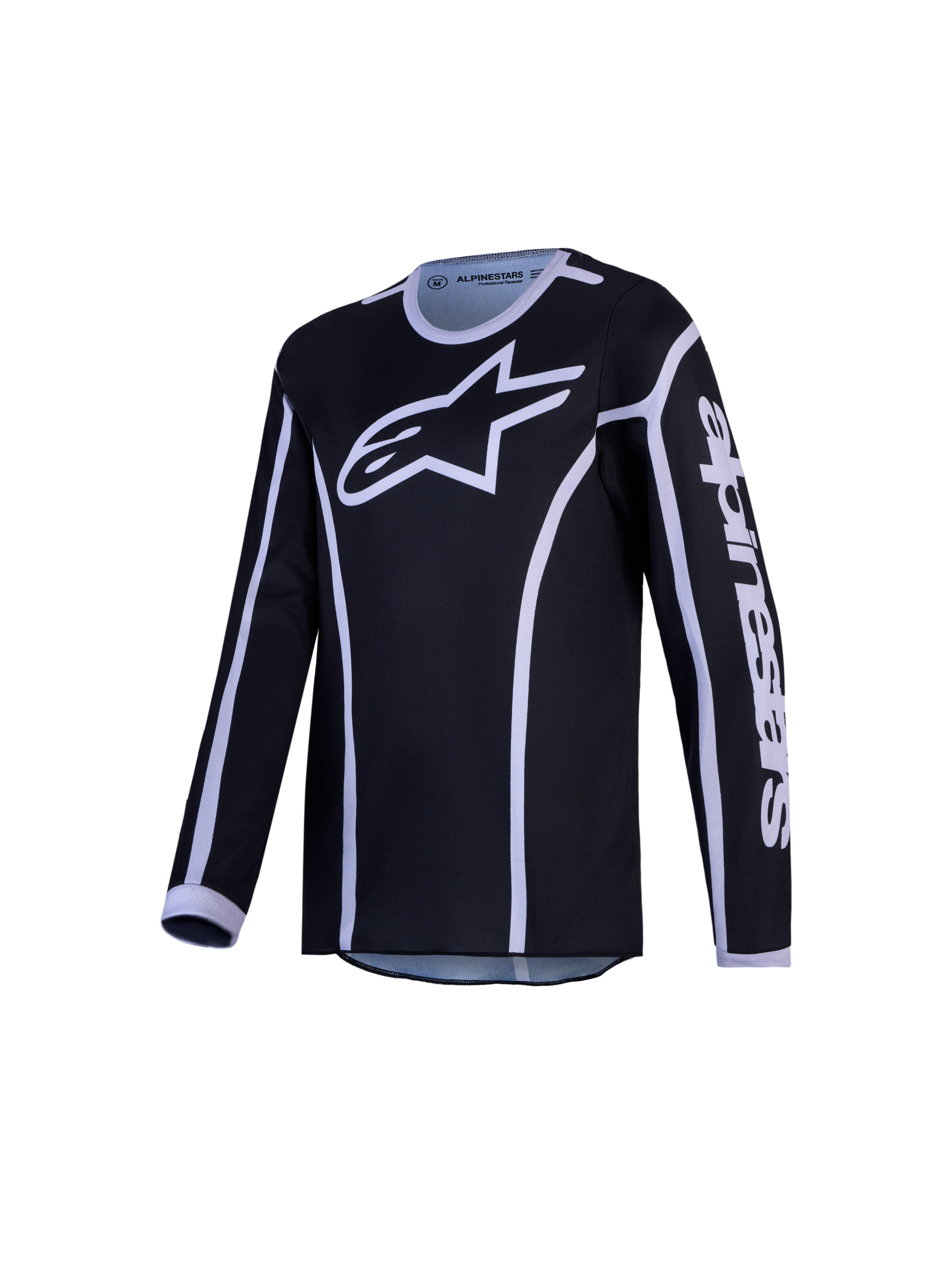 Alpinestars Youth Fluid Apex V2 Jersey AND Gear Set, black and silver motocross jersey with moisture-wicking fabric.
