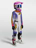 Alpinestars Youth Fluid Drag Gear Set, youth motocross racing outfit, blue and white with pink and gold accents.