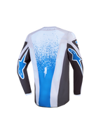 Alpinestars 2027 Youth Fluid Drag Jersey, kids' motocross top in gray and blue, featuring an extended rear for racing comfort.