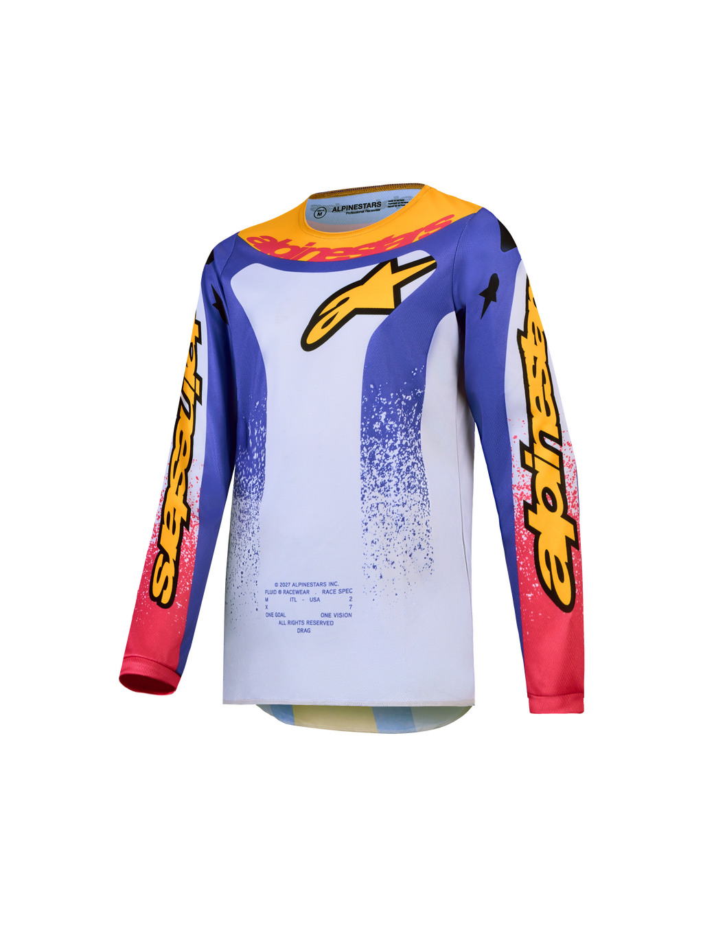 Alpinestars 2027 Youth Fluid Drag Jersey, breathable blue and white youth motocross shirt with yellow and red racing graphics.