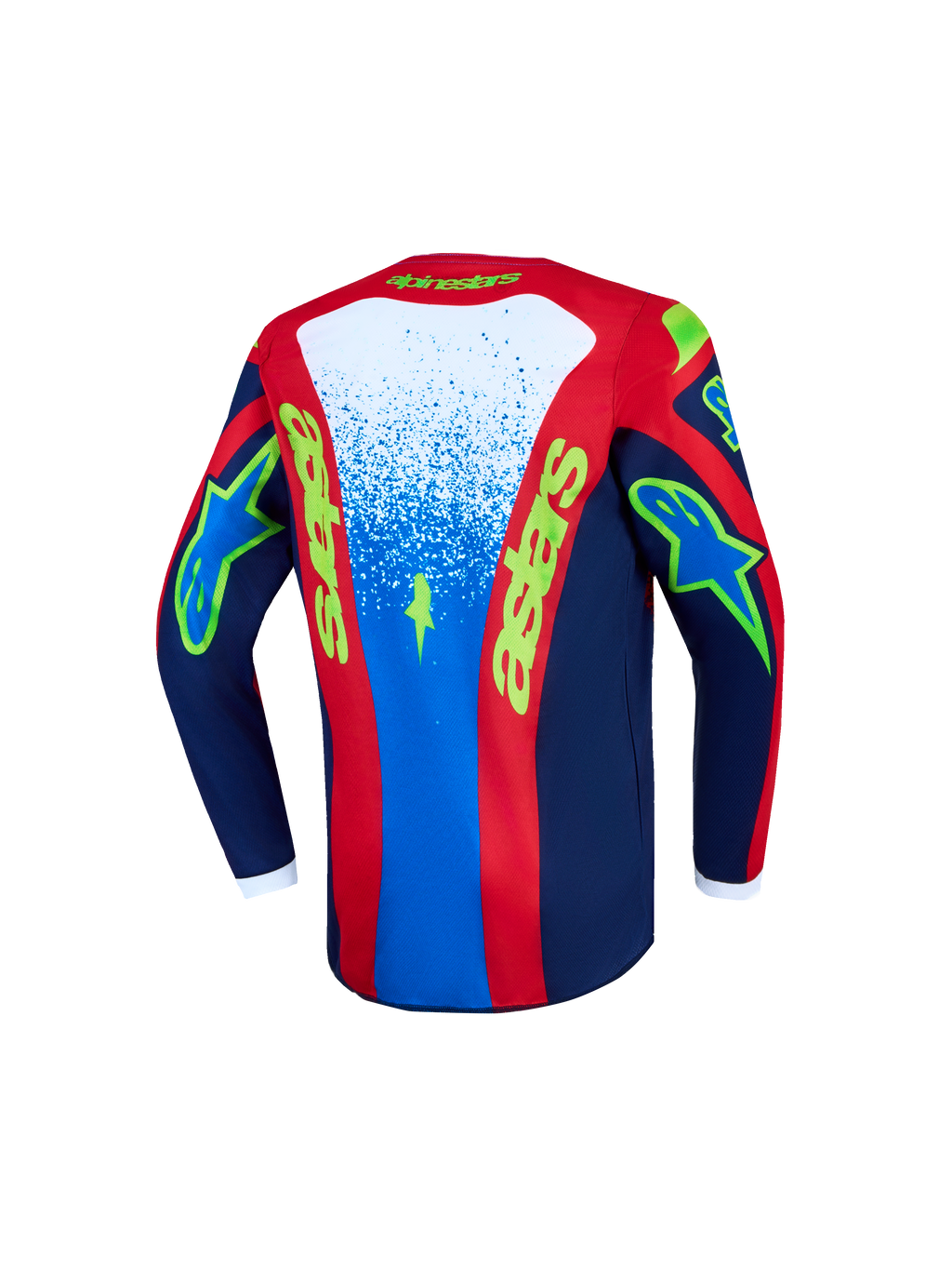 Alpinestars 2027 Youth Fluid Drag Jersey, youth motocross jersey in blue and red, moisture-wicking polyfabric back view.