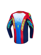 Alpinestars 2027 Youth Fluid Drag Jersey, youth motocross jersey in blue and red, moisture-wicking polyfabric back view.