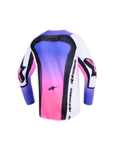 Alpinestars 2026 Youth Supertech Vista Jersey, Motocross Jersey, White Purple and Pink with Black details, back view showing lightweight stretch mesh construction, extended rear hem, and bold Alpinestars branding on the side and sleeves.