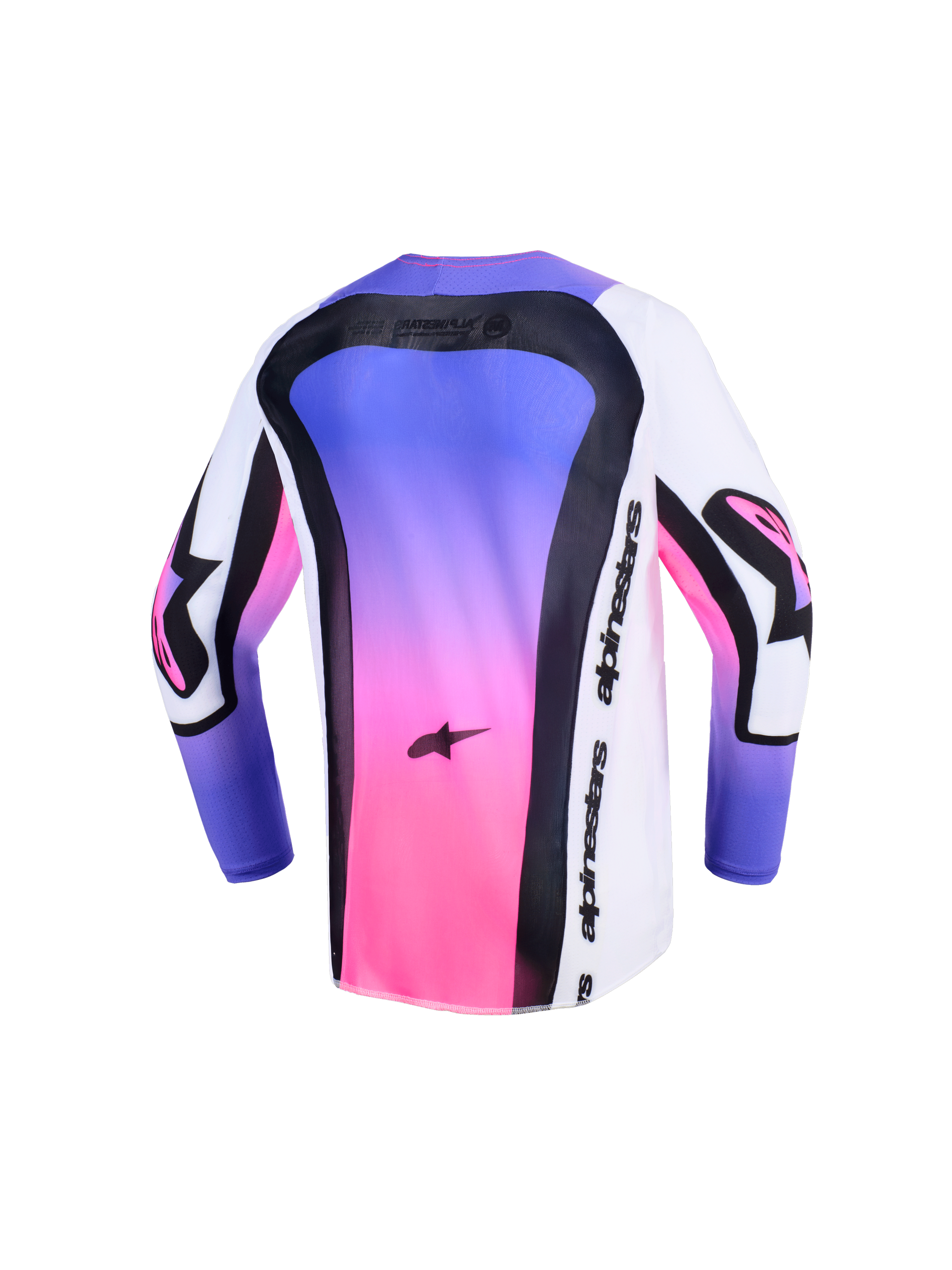 Alpinestars 2026 Youth Supertech Vista Jersey, Motocross Jersey, White Purple and Pink with Black details, back view showing lightweight stretch mesh construction, extended rear hem, and bold Alpinestars branding on the side and sleeves.