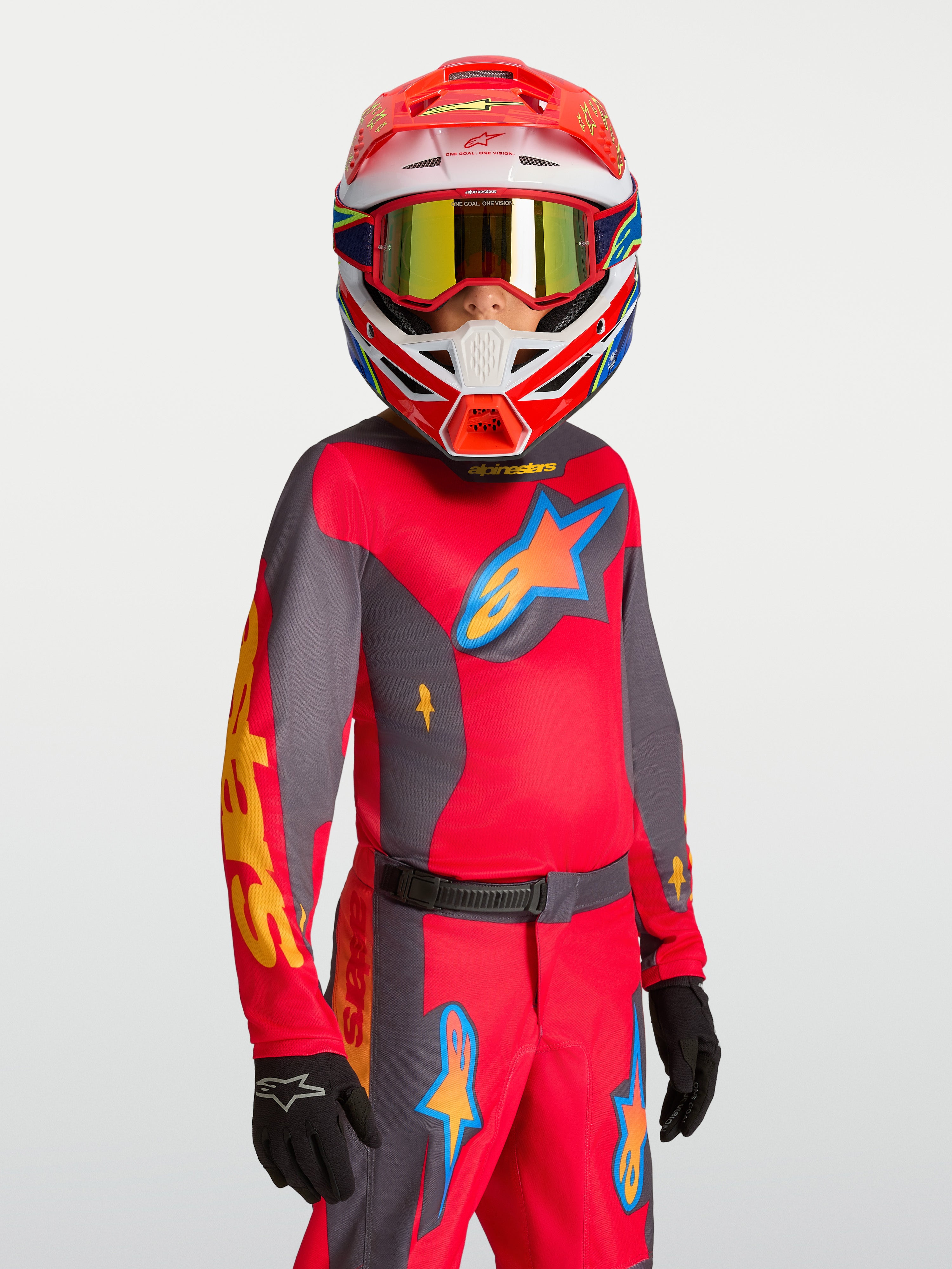 Alpinestars 2027 Youth Fluid Hunt Jersey, Fire Red and Graystone moisture-wicking motocross jersey for youth riders.