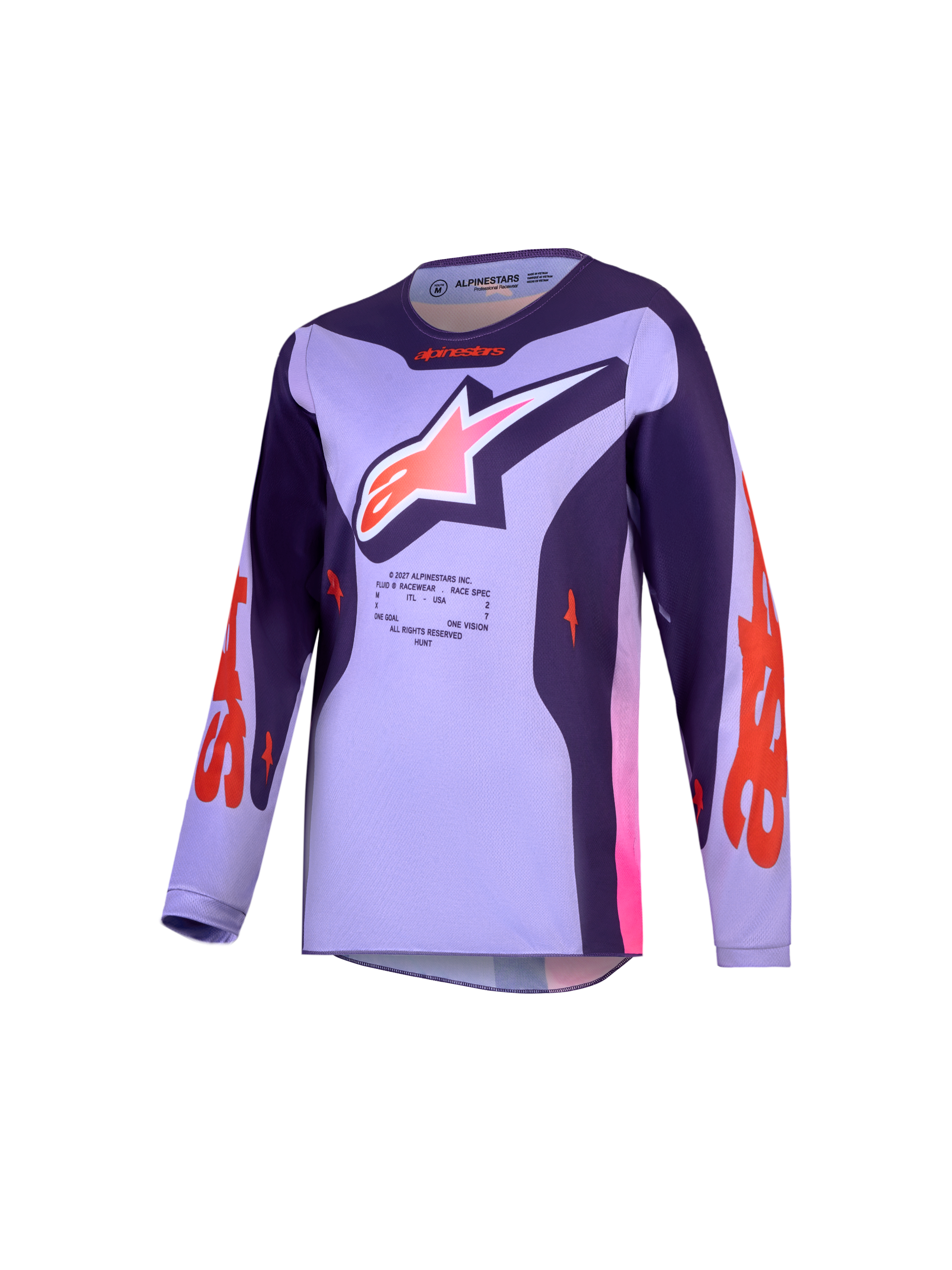 Alpinestars Youth Fluid Hunt Jersey, Youth Motocross Jersey, Light Violet and Deep Purple, moisture-wicking textile top.