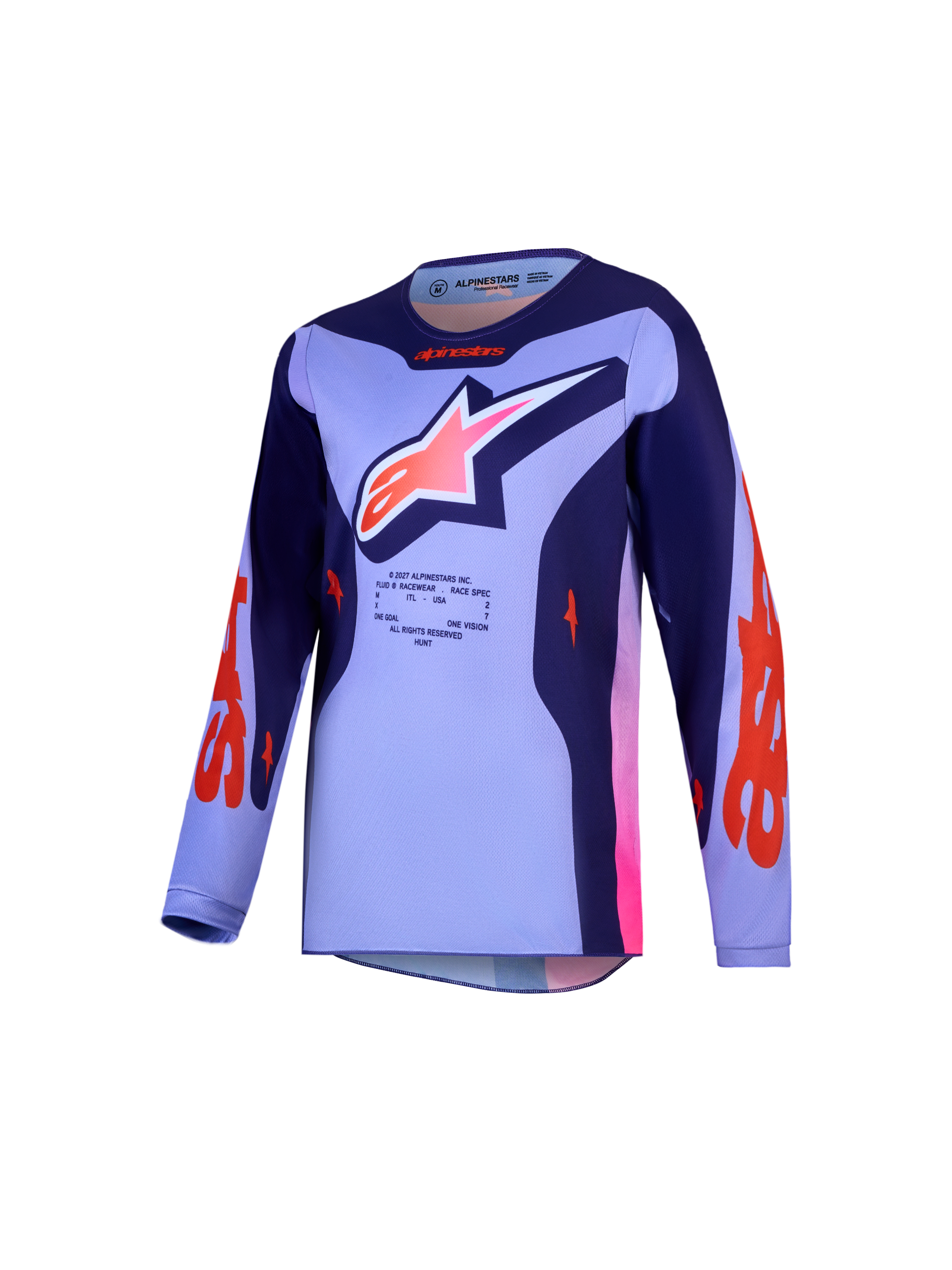 Alpinestars Youth Fluid Hunt Jersey and Gear Set, purple and pink MX racing top, breathable moisture-wicking textile.