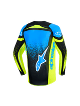 Alpinestars 2026 Youth Supertech Nomur Jersey, Motocross Jersey, Yellow Fluo and UCLA Blue with Dark Navy, back view featuring a large blue star logo and vertical Alpinestars branding on the side, technical stretch mesh for youth motocross performance