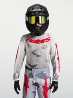 Alpinestars 2027 Youth Fluid Lone Jersey, gray camo and fire red motocross gear, performance textile construction.