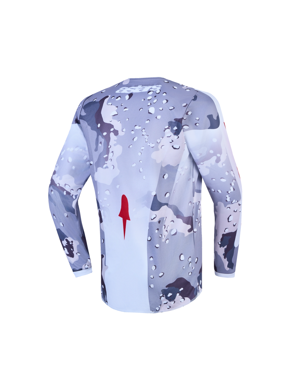 Alpinestars Youth Fluid Lone Jersey, youth motocross top in gray camo and white with red accents and extended rear hem.