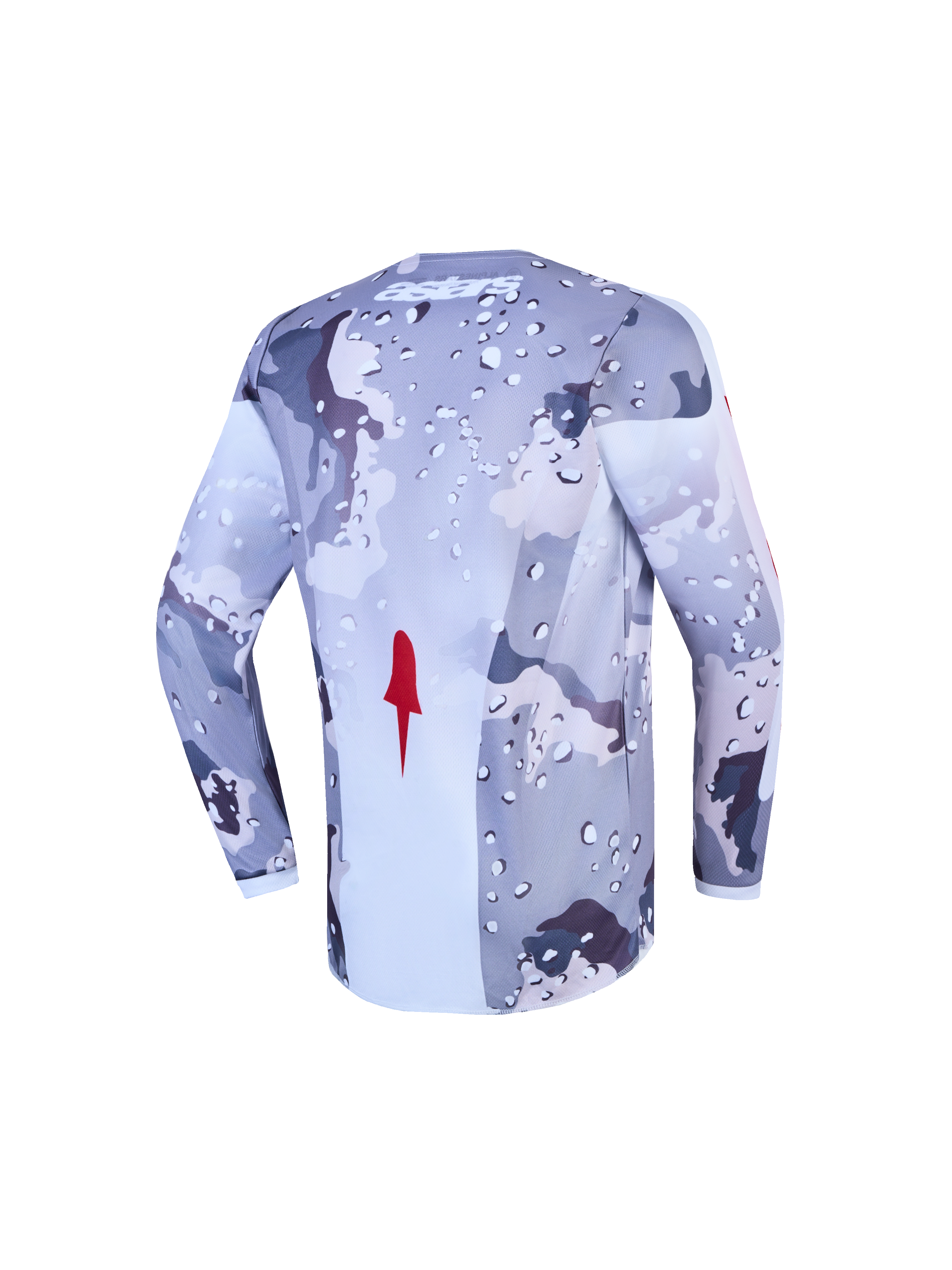 Alpinestars Youth Fluid Lone Jersey, youth motocross top in gray camo and white with red accents and extended rear hem.