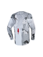 Alpinestars 2027 Youth Fluid Lone Jersey, motocross top, gray camo and white, breathable fabric, red accent, back view.