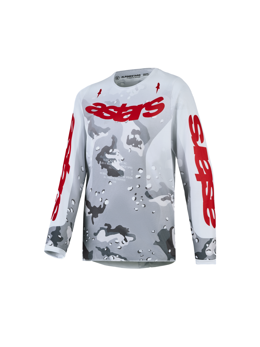 Alpinestars Youth Fluid Lone Jersey, a gray camo and red breathable motocross jersey for young riders.