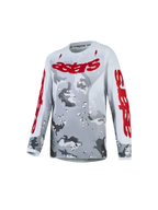 Alpinestars Youth Fluid Lone Jersey, a gray camo and red breathable motocross jersey for young riders.