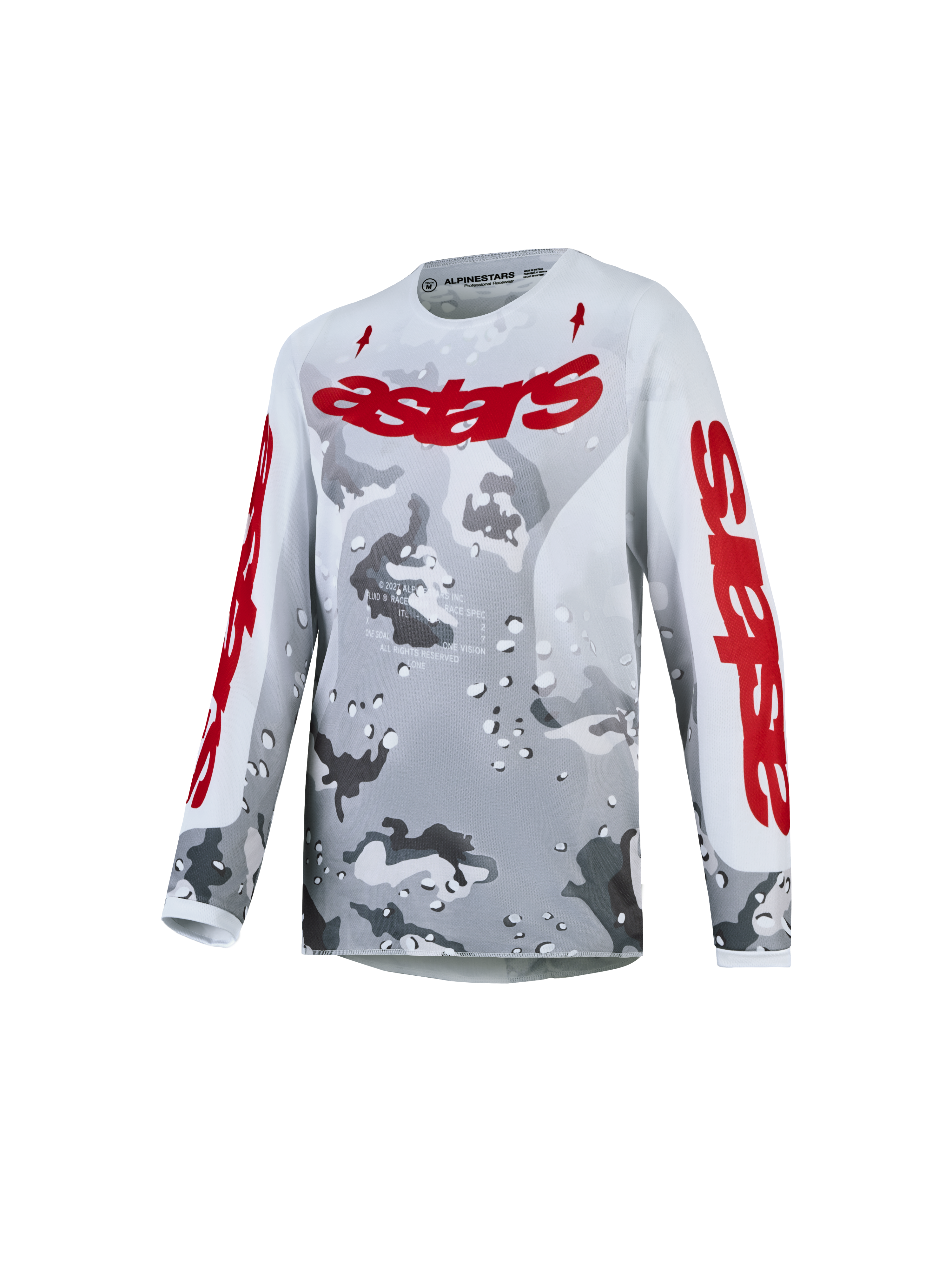 Alpinestars Youth Fluid Lone Jersey, a gray camo and red breathable motocross jersey for young riders.