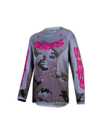 Alpinestars 2027 Youth Fluid Lone Jersey, gray camo and purple youth motocross top with moisture-wicking polyfabric.