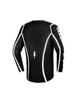 Alpinestars 2026 Youth Fluid Apex Jersey, Motocross Jersey, Black and White, back view featuring white curved piping, small white logo on the lower back, Alpinestars branding on the sleeve, performance apparel for youth off-road riders