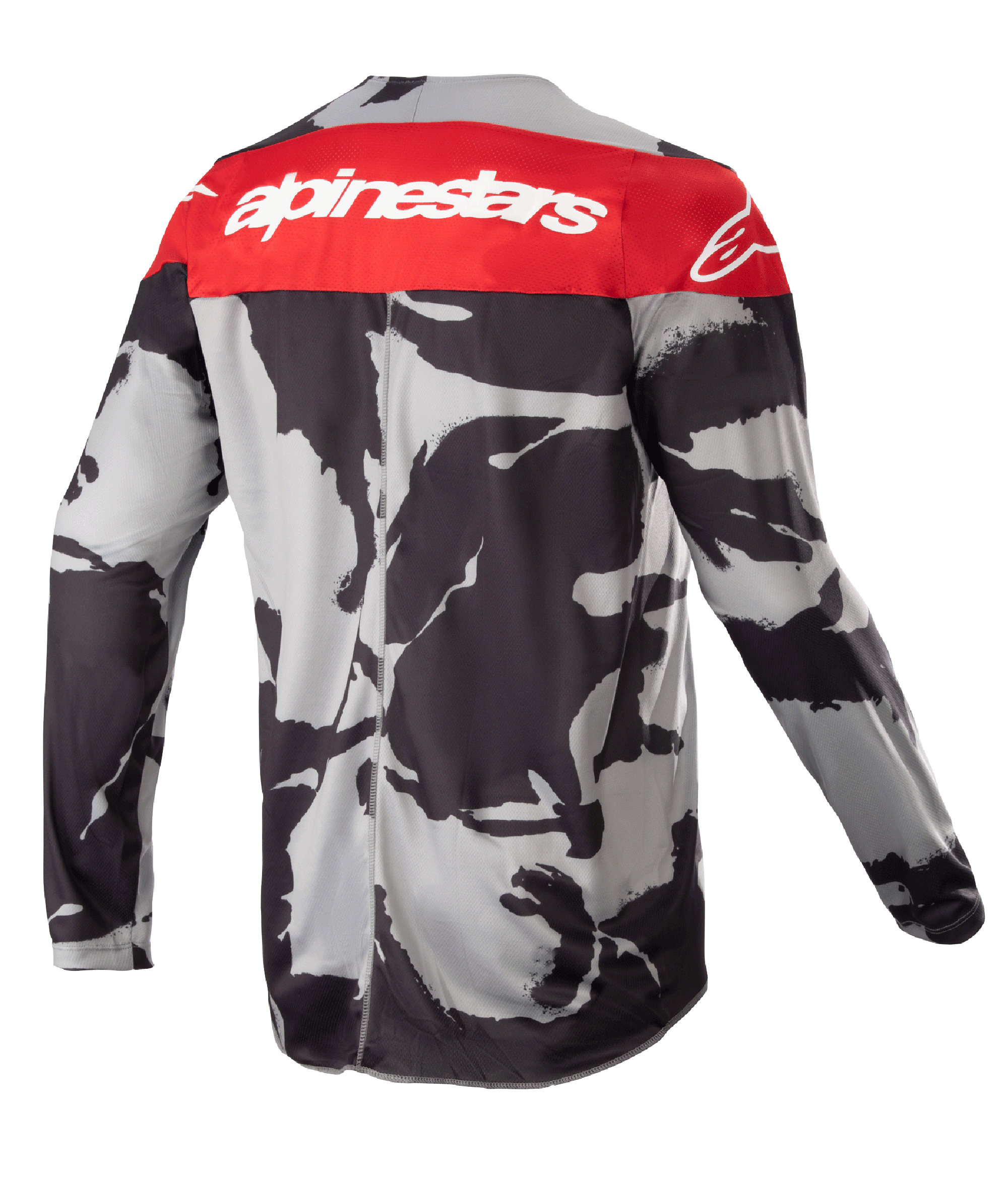 Alpinestars Youth 2023 Racer Tactical Jersey, Motocross Jersey, Cast Gray Camo and Mars Red, back view featuring a red shoulder panel with white Alpinestars branding, abstract black and gray camouflage pattern, lightweight moisture-wicking gear for off-road racing