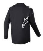 Alpinestars Youth 2023 Racer Graphite Jersey, Motocross Jersey, Black Reflective Black, Rear view featuring large white Alpinestars star logo, technical moisture-wicking fabric, long sleeves, durable off-road apparel