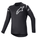Alpinestars Youth 2023 Racer Graphite Jersey, Motocross Jersey, Black and Reflective Black, white star logos on chest and shoulders, long sleeves, lightweight moisture-wicking fabric with a drop tail hem, sporty design for off-road riding