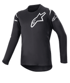 Alpinestars Youth 2023 Racer Graphite Jersey, Motocross Jersey, Black and Reflective Black, white star logos on chest and shoulders, long sleeves, lightweight moisture-wicking fabric with a drop tail hem, sporty design for off-road riding