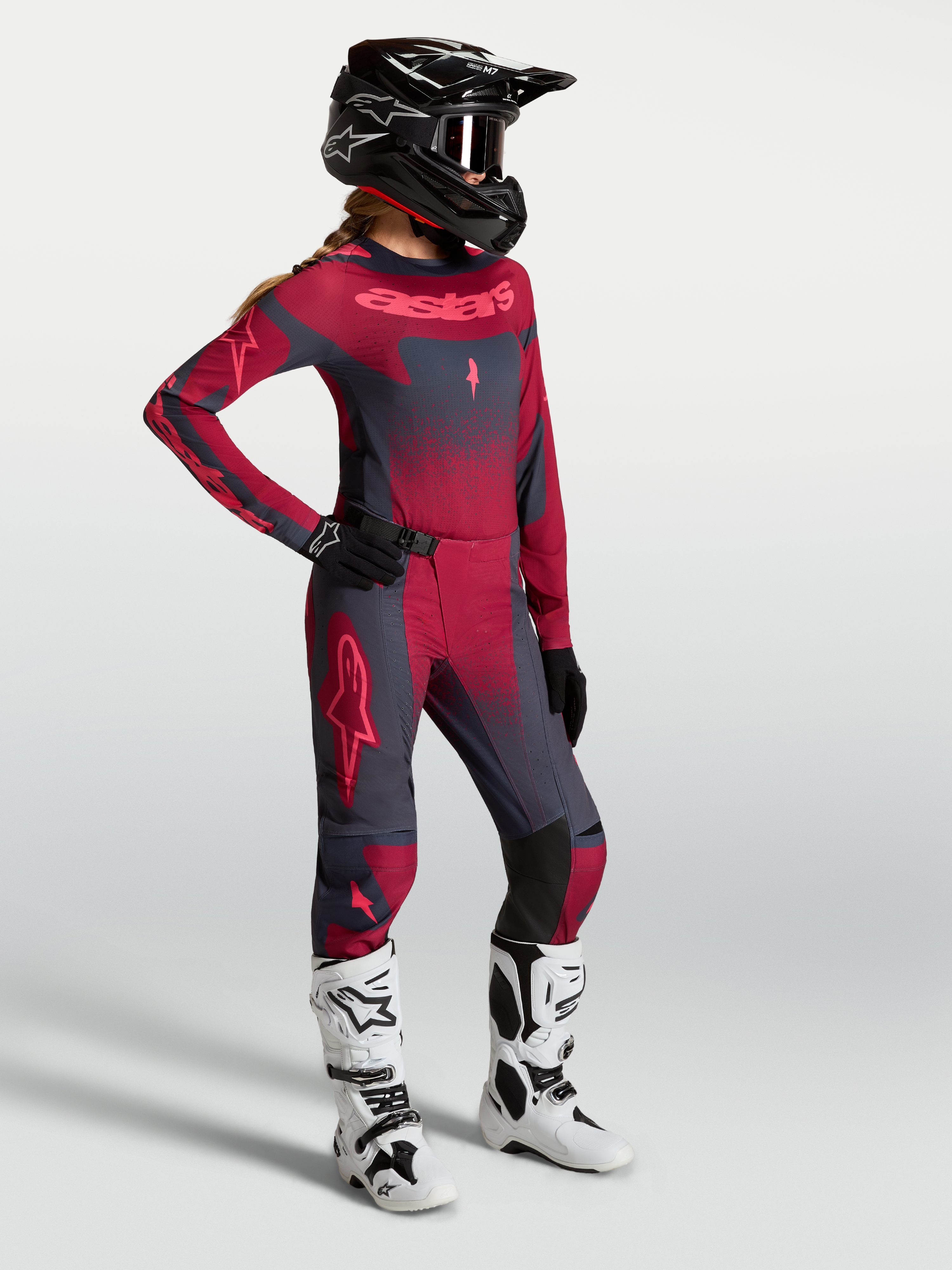 Alpinestars Stella Techstar Swan Gear Set AND Stella Techstar Swan Pants, women's motocross gear in crimson and dark gray.
