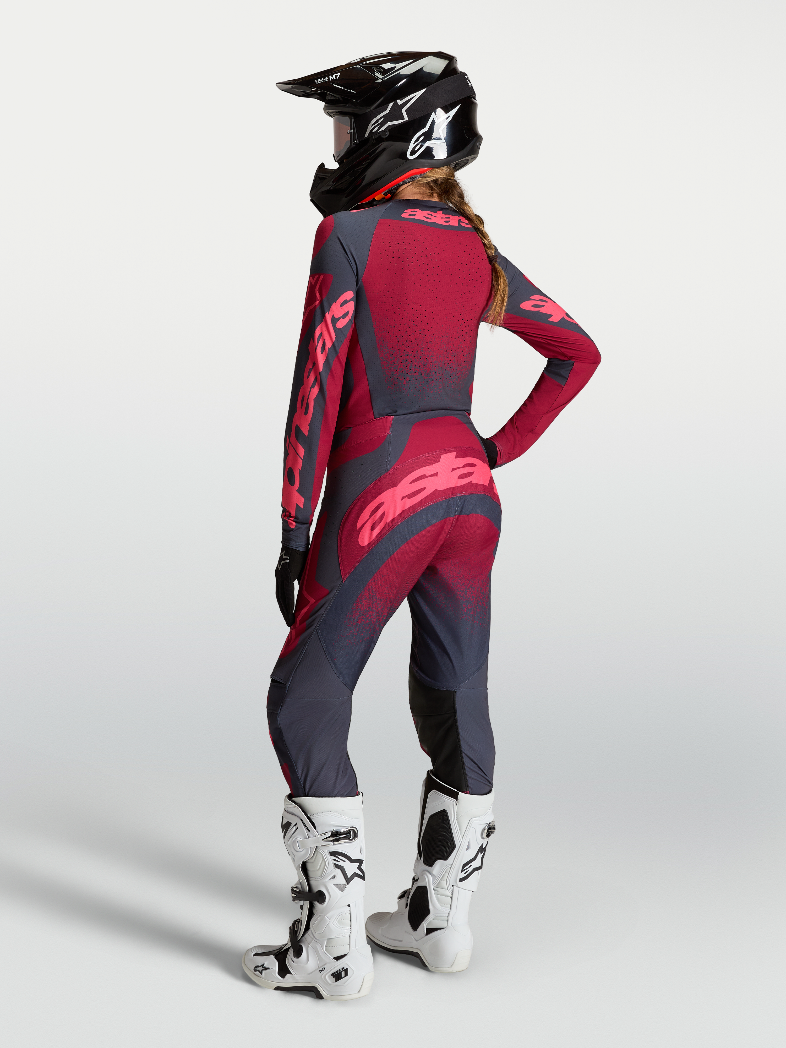 Alpinestars Stella Techstar Swan Jersey AND Stella Techstar Swan Gear Set, Women's Motocross Gear, Crimson Red and Dark Gray.