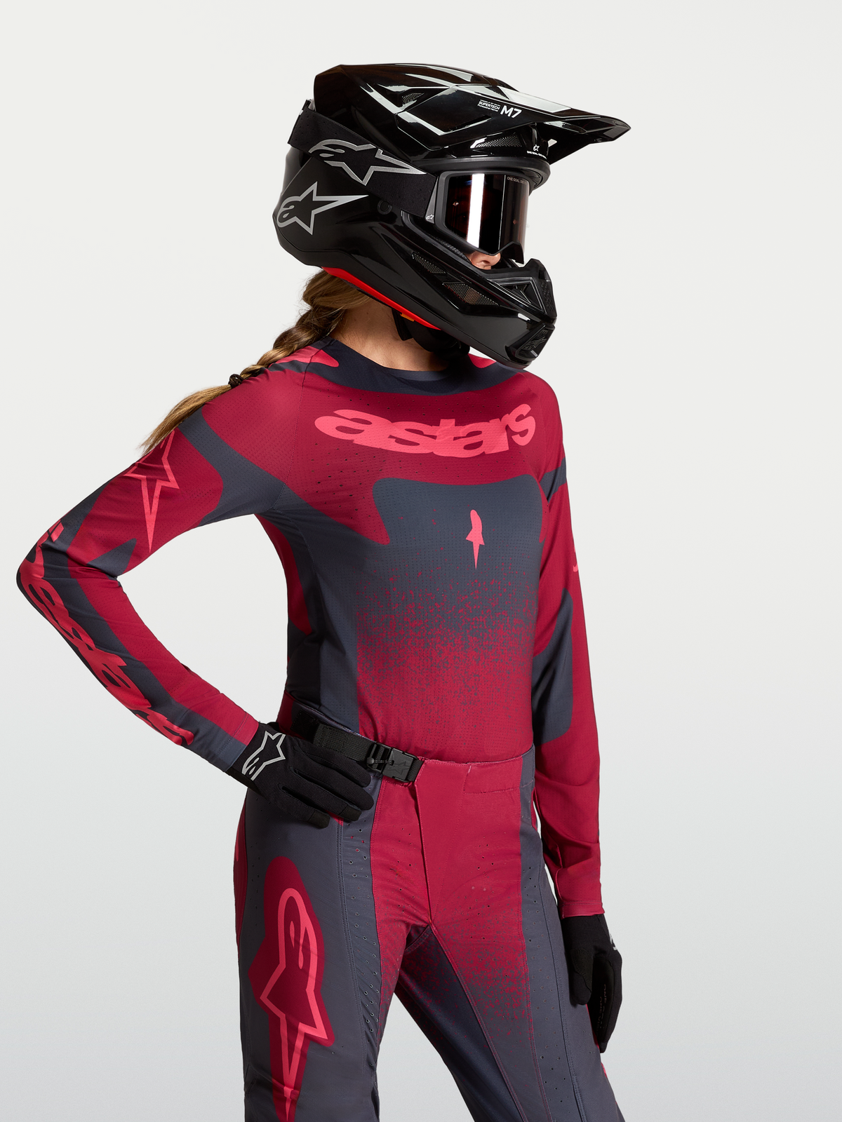 Alpinestars Stella Techstar Swan Jersey, women's crimson and dark gray motocross gear with athletic performance fit.