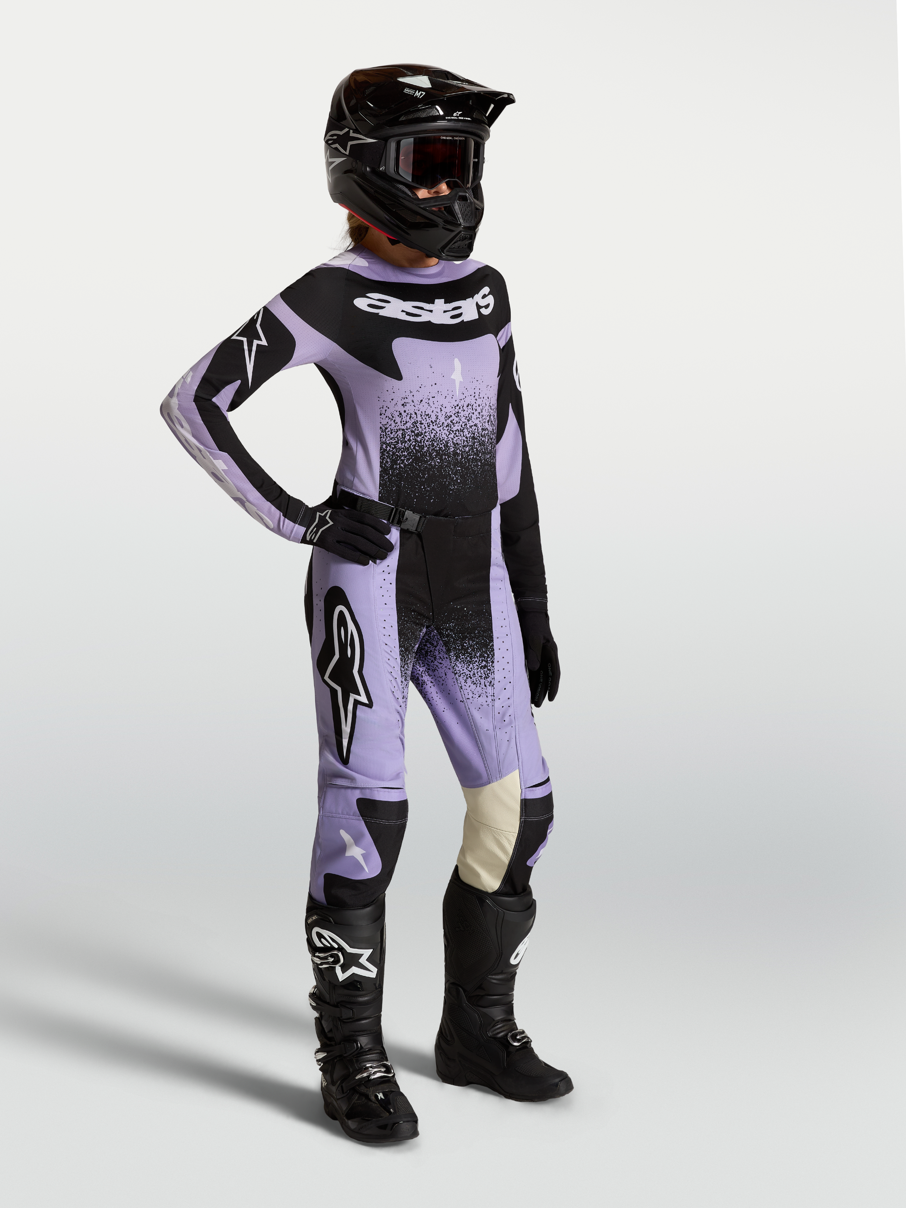 Alpinestars Stella Techstar Swan Jersey and Gear Set, Women's Motocross outfit in Light Violet and Black with swan graphics.