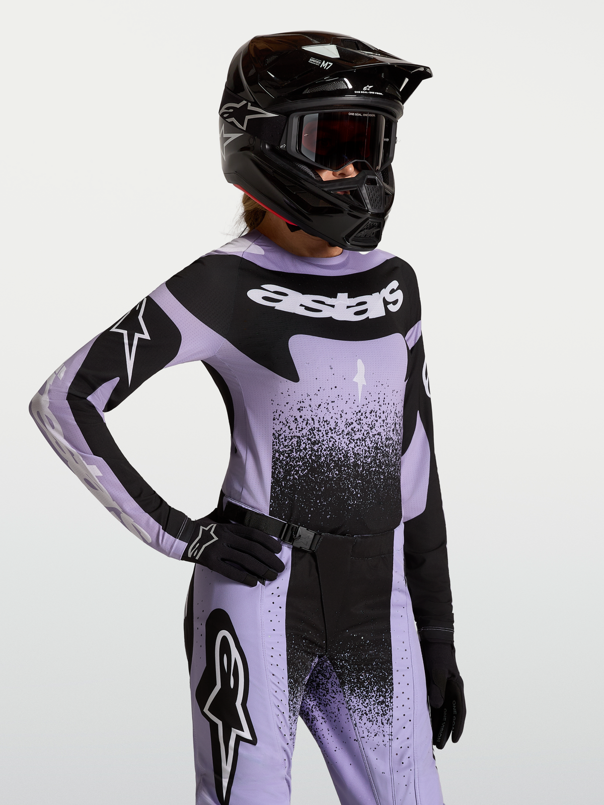 Alpinestars Stella Techstar Swan Jersey in light violet and black, women's motocross top featuring an athletic race fit.