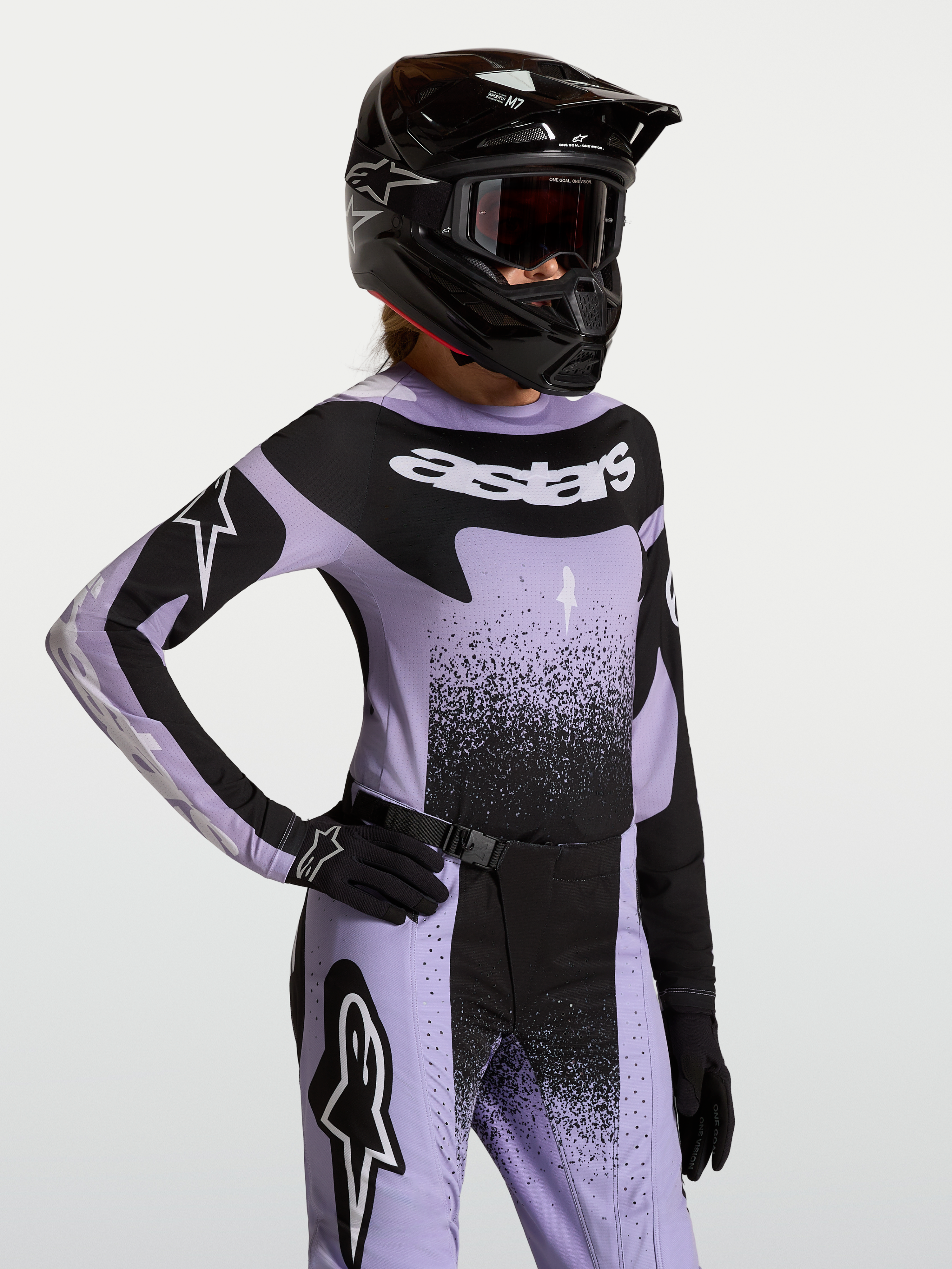 Alpinestars Stella Techstar Swan Jersey in light violet and black, women's motocross top featuring an athletic race fit.