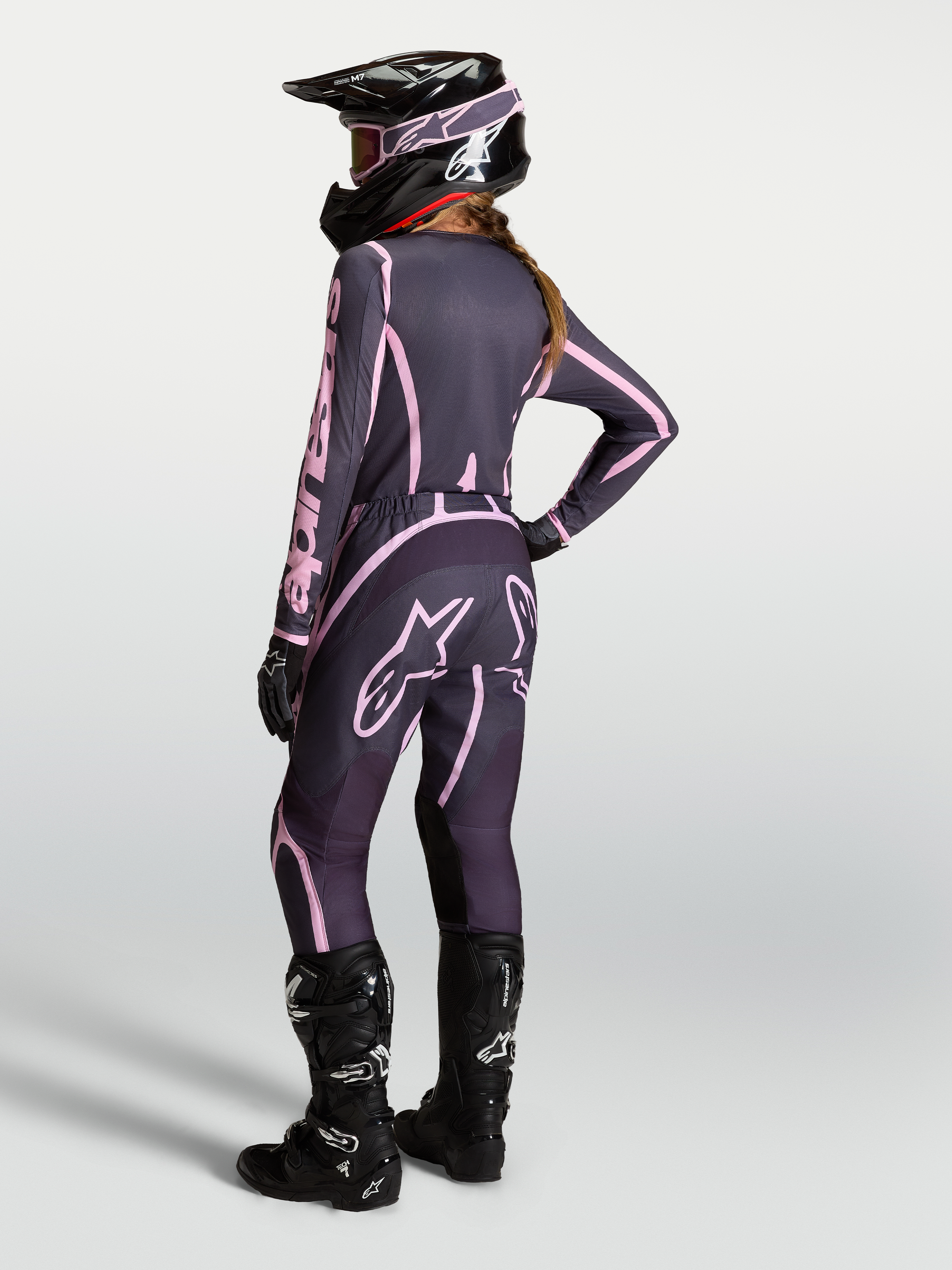 Alpinestars Stella Fluid Apex V2 Pants, Women's Motocross Gear in Graystone and Old Pink, complete riding outfit from the back.